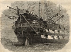 Telegrafie: zicht op de achtersteven van het schip H.M.S. 