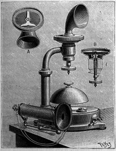 Telefonie in Zweden: model van een telefoon van de Ericsson Company. Gravure in La Nature: revue des sciences et de leurs applications aux arts et a l