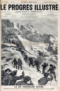 De 30e Alpenjagers voeren een gedwongen mars uit op de Mont Pelvoux op 3400 meter hoogte op 21-24 juni 1895 - gravure in 