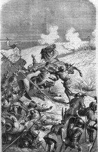 De 75-jarige veteraan John Talot leidde een expeditie van 3000 man, die op 17 oktober 1452 in Guyenne landde. Gravure die Talbots dood in de strijd voorstelt