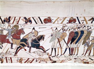 De Slag bij Hastings, gewonnen door Willem I de Veroveraar op 14/10/1066 waarbij koning Harold II van Engeland stierf. Tapijt van Bayeux, bekend als Borduurwerk van Koningin Mathilde door Unknown artist