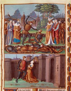 De slag van de Horatii en Curiatii. De drie Horatii van Rome ontmoeten de drie Curiatii. Verschillende gevechtsscènes door Unknown artist