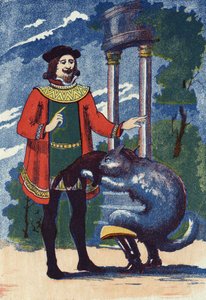De Gelaarsde Kat biedt een konijn aan de koning. Illustratie voor 