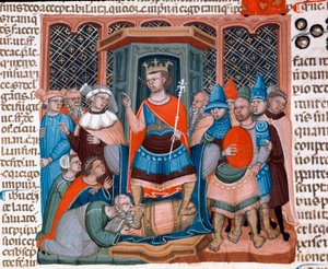 De Byzantijnse keizer Justinianus I omringd door juristen en soldaten van zijn hof. Miniatuur uit de Codex Justinianus