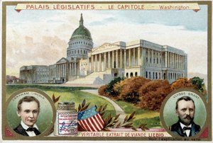 Het Capitool, Amerikaans Congrespaleis, Washington (VS), met portretten van Abraham Lincoln (1809-1865) en Ulysses Grant (1822-1885) - Liebig chromolithografie
