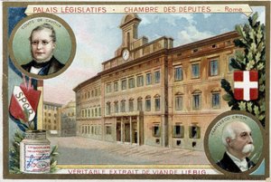 De Kamer van Afgevaardigden in Rome (Italië), met portretten van Graaf Camillo Benso de Cavour en Francesco Crispi - Liebig chromolithografie