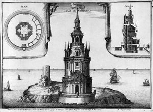 De vuurtoren van Cordouan bij Bordeaux in Gironde (33). Het huidige gebouw rijk aan beelden, kolommen, heeft een kapel en een kamer om de koning te huisvesten door Unknown artist