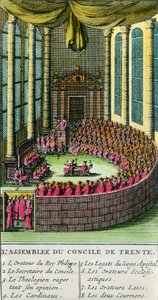Het Concilie van Trente. Illustratie met de beschrijving van de aanwezige leden. Het Concilie van Trente werd bijeengeroepen door paus Paulus III (vertegenwoordiger van de Rooms-Katholieke Kerk) in 1545, als reactie op verzoeken van Maarten Luther in de v door Unknown artist