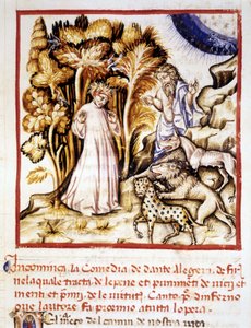 De Goddelijke Komedie van Dante Alighieri. Miniatuur die Dante, Virgil en de drie beesten afbeeldt. 14e-eeuws manuscript. Gemeentelijke Bibl. van Rimini door Unknown artist