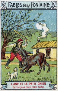 De Ezel en de Kleine Hond - Fabels van Jean de La Fontaine (1621-95) Chromolithografie van het einde van de 19e eeuw Privécollectie