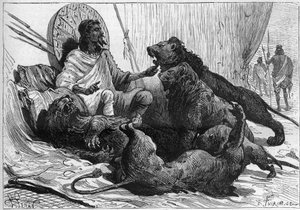 De keizer (ras) Theodoros van Abessinië omringt zijn leeuwen. In "Nature" van 1888