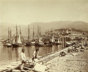 De Bouw van een Pier in Jalta. Albumine Foto