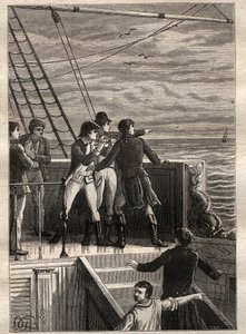 De Expeditie naar de Zuidelijke Landen (1800-1803) door Nicolas Baudin (1754-1803): zeelieden bij Nieuw-Holland (Australië) melden een sluier aan de horizon - illustratie uit 