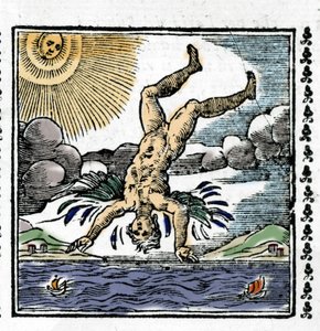 De val van Icarus - De val van Icarus. Kleurrijke xylografie. 16e eeuw.