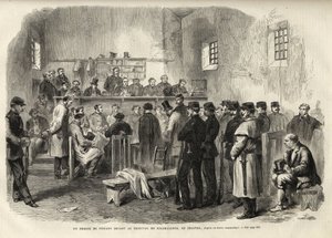 De Fenische Opstand, Onderzoek naar Mr. Cleary in het Gerechtsgebouw van Kilmallock - 1867 - gravure uit 