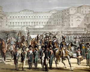 De Franse generaal en koning van Napels Gioacchino (Joachim) Murat (1767-1815) inspecteert de Cisalpijnse militie voor de Villa Reale de Monza op 07/08/1801