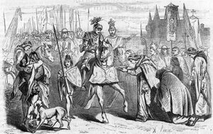 De Fransen gingen op 23 juni 1451 naar Bordeaux onder Karel VII, het einde van de herovering tegen de Engelsen. Gravure van de 19e eeuw door Unknown artist