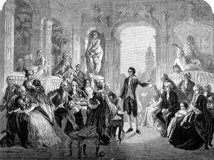 De Duitse dichter Johann Wolfgang Goethe aan het hof van Markgraaf Frederik van Baden. Gravure naar het schilderij van Federico Pecht.