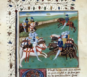 De Ridders van de Ronde Tafel nemen deel aan een ridderlijk toernooi. Miniatuur uit het manuscript 