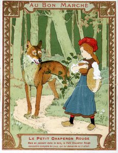 Roodkapje ontmoet de wolf - Bon Marché reclame-etiket door Unknown artist