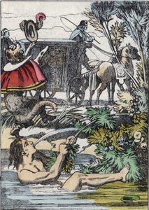 De Markies van Carabas doet alsof hij verdrinkt terwijl de laars kat om hulp roept (illustratie van het sprookje 