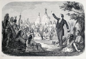 De Mormoonse Profeet Joseph Smith predikt de Indianen (Noord-Amerika). Illustratie uit de 19e eeuw.