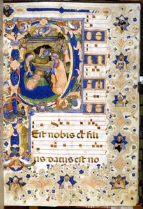 De Geboorte afgebeeld op een 14e-eeuws koor. Milaan, Biblioteca nazionale Braidense