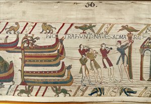De Noormannen trekken hun schepen naar zee, Tapijt van Bayeux door Unknown artist