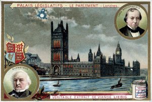 Het Paleis van Westminster, of Parlement van Londen, met portretten van William Ewart Gladstone en Benjamin Disraeli, Lord Beaconsfield