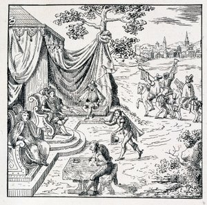 De Prins van Condé verkreeg van Karel IX (1550-1574) een edict waarmee hij de Calvinisten toestond hun religie in het koninkrijk uit te oefenen (Vrede van St Germain ondertekend 08/08/1570) - in "Collection of 39 figures representing the calamities of Fran door Unknown artist