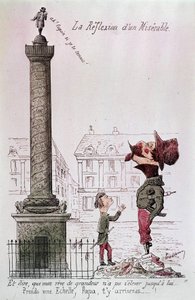 De reflectie van een ellendige - En te zeggen dat mijn droom van grootheid niet tot hem kon reiken..., Neem een ladder, papa, je zult er komen...!. Cartoon over Napoleon III (1808 - 1873) die naar de Vendôme-zuil kijkt met zijn zoon. Gravure uit de periode door Unknown artist