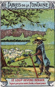 De Wolf werd Berger - Fabels van Jean de La Fontaine (1621-95) - Chromolithografie eind 19e eeuw Privécollectie door Unknown artist