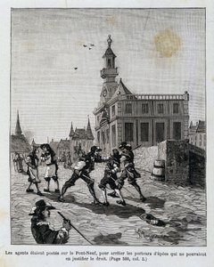 De agenten stonden op de Pont Neuf om degenen te stoppen die hun recht niet konden rechtvaardigen door Unknown artist