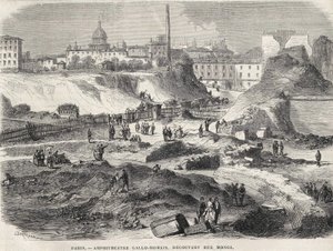 Het amfitheater Gallo Romain ontdekt aan de Rue Monge in Parijs in 1870, tegenwoordig de Arènes de Lutèce. Gravure uit de 19e eeuw. door Unknown artist