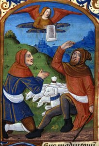 De engel kondigt de herders de geboorte van Jezus aan. 15e-eeuws manuscript. Biblioteca Nazionale Braidense, Milaan door Unknown artist