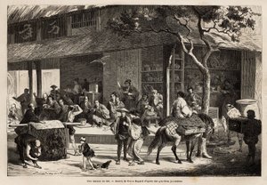 De animatie van een huis en de activiteiten van de straat. Gravure ter illustratie van de reis naar Japan, in 1863-1864, door Aime Humbert, minister van de Zwitserse Confederatie, in Le tour du monde, nouveau journal des voyages door Unknown artist