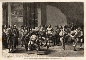 De voorbereidingen voor sumoworstelen, de atleten warmen op, strekken, worden gestyled en concentreren zich voor het gevecht. Gravure ter illustratie van de reis naar Japan, door Aime Humbert, minister van de Zwitserse Confederatie, in 1863-1864, gepublice door Unknown artist