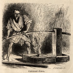 De boogmaker in zijn werkplaats, stelt het hout bloot aan de vlam van een vuur van spaanders, om ze de nodige buiging van hun kromming te geven. Gravure ter illustratie van de reis naar Japan, door Aime Humbert, minister van de Zwitserse Confederatie, in 1
