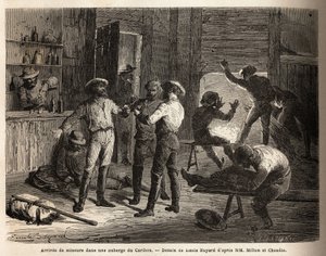 De aankomst van mijnwerkers in een Caribou herberg (Canada), scènes van ontspanning en hereniging, onder het genot van een drankje. Gravure ter illustratie van de reis van de Atlantische naar de Stille Oceaan (route du nord ouest par les terres), in 1862-1