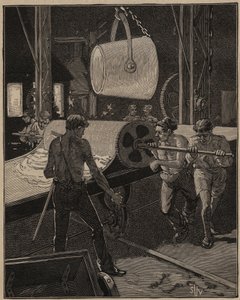 De kunst van glas: ijs maken. Stap genaamd “de grote stroom”. Gravure uit 1885 in “Les arts et métiers illustrés” door Adolphe BITARD