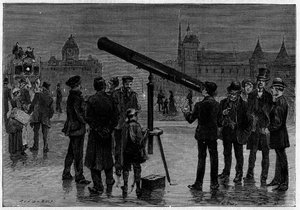 De astronoom en zijn astronomische kijker op de Place du Chatelet, in Parijs, ten tijde van de waarnemingen van de planeet Venus, in februari 1889. Gravure in 