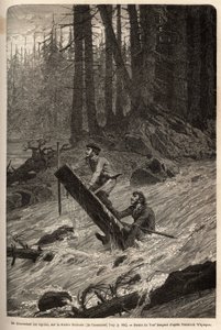De auteur en zijn reiziger, Mcdonald, die de stroomversnellingen op de Nittinaht-rivier (Vancouver Island) afdalen op een geïmproviseerd vlot. Gravure ter illustratie van de reis en avonturen in Engels Colombia, Vancouver Island en Alaska, door Frederick W door Unknown artist