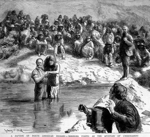 De doop in Noord-Amerika van een Indiaan door een mormoon die poseert voor de camera als de apostelen van het christendom. Illustratie van de 19e eeuw