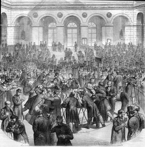De mand van wisselagenten, op de Parijse Beurs in 1865. Gravure naar de tekening van M.G. Roux