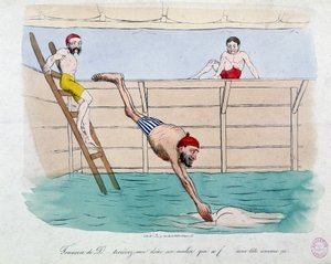 Het bad: karikatuur van openbare baden (zwembaden) in Parijs - 19e eeuw, Carnavalet