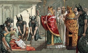 De begrafenis van Karel de Grote in 814 in de kathedraal van Aken in Duitsland. Chromolithografie uit het einde van de 19e eeuw. door Unknown artist