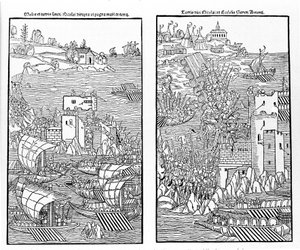 De verovering van Rhodos door de Turken in 1522. De Turken vallen het fort van St. Nicolaas aan. Houtsnede. door Unknown artist