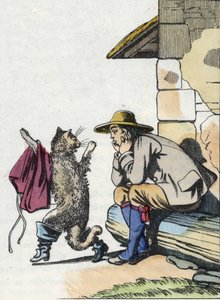 De kat vraagt zijn meester om kleren en laarzen en belooft snel rijk te worden. Illustratie van het sprookje 