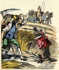 De kat dwingt de boeren te zeggen dat het veld waarin ze het graan maaien toebehoort aan de Markies van Carabas (illustratie van het sprookje 