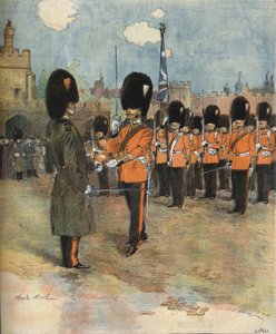 De wisseling van de wacht bij Buckingham Palace in Londen in 1893. Illustratie door M.C. Morel. Bianchetti collectie.